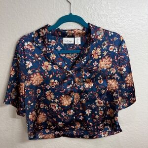 Haute‎ Hippie Women's Size Small Blue Floral Button Down Cropped Pajama Top